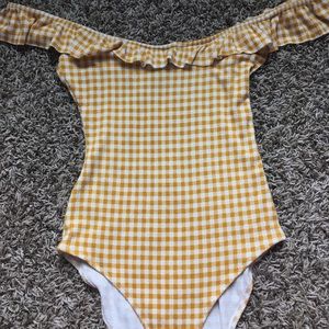 yellow checkered bodysuit with ruffles